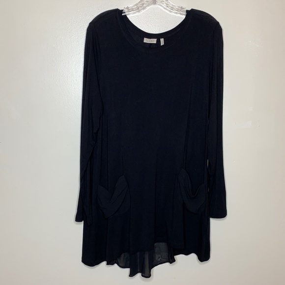 LOGO by Lori Goldstein Jersey Knit Chiffon Pocket Black Soft Stretchy Tunic, L